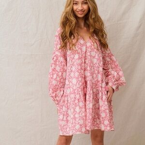 Ophelia and Indigo Lightweight Boho Tassel “Kitty” Pink Dahlia Mini Dress Medium